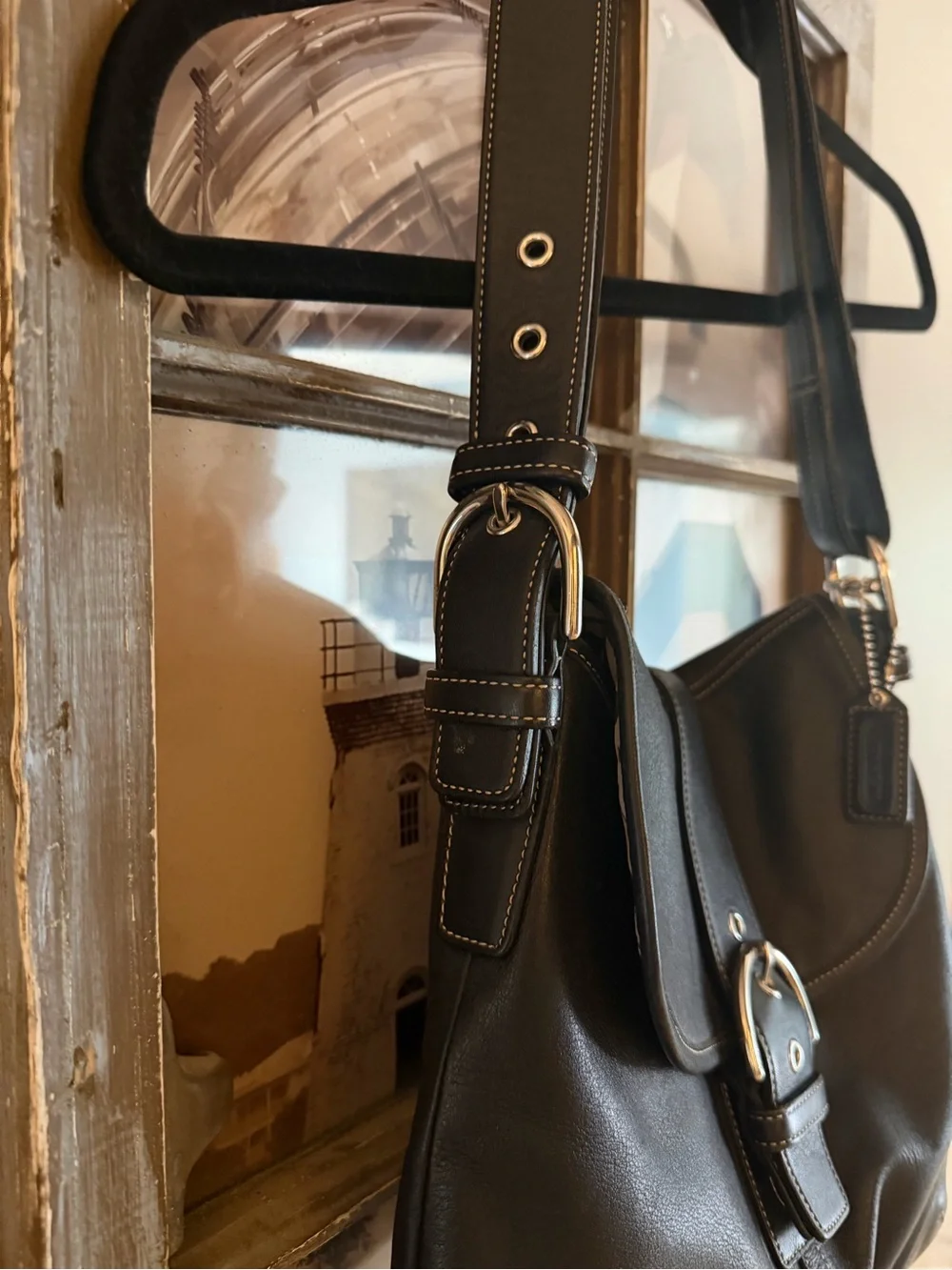Coach Black Leather Hobo with Silver Buckle Detail
